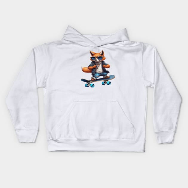 a fox riding a skateboard wearing sunglasses Kids Hoodie by JnS Merch Store